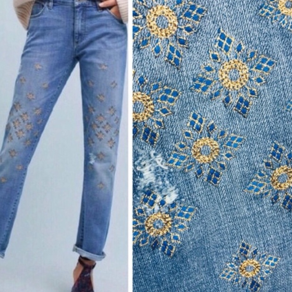 NWT Embroidered Boyfriend Crop Anthropologie Jeans